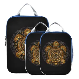 Polynesian Golden Tribal Sea Turtle Tattoo on Black Toned Maori 3 Piece set Cubes Expandable Adjustable Luggage Packing Bags, Ultralight Organizer Accessories Travel Suitcase Compressible Bags