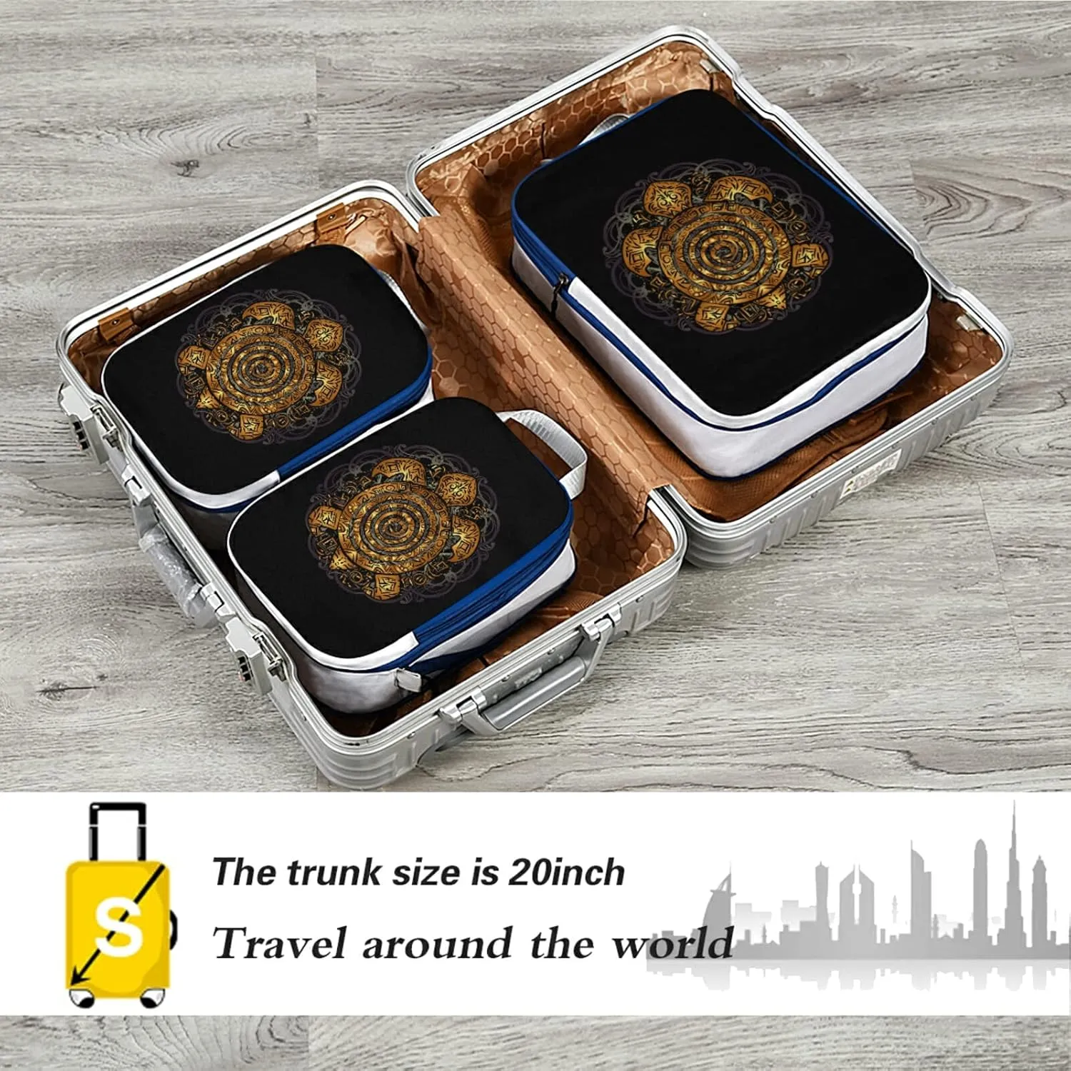 Polynesian Golden Tribal Sea Turtle Tattoo on Black Toned Maori 3 Piece set Cubes Expandable Adjustable Luggage Packing Bags, Ultralight Organizer Accessories Travel Suitcase Compressible Bags