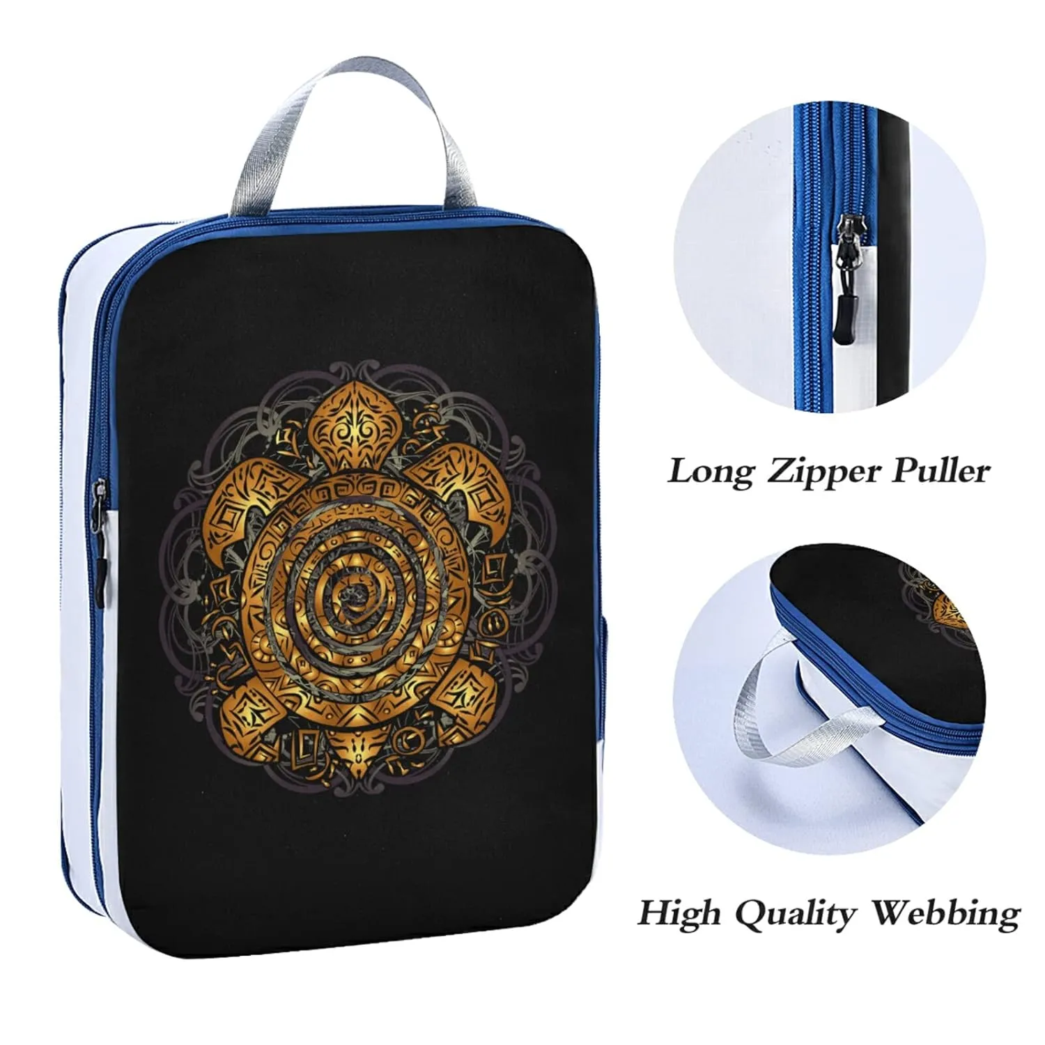 Polynesian Golden Tribal Sea Turtle Tattoo on Black Toned Maori 3 Piece set Cubes Expandable Adjustable Luggage Packing Bags, Ultralight Organizer Accessories Travel Suitcase Compressible Bags