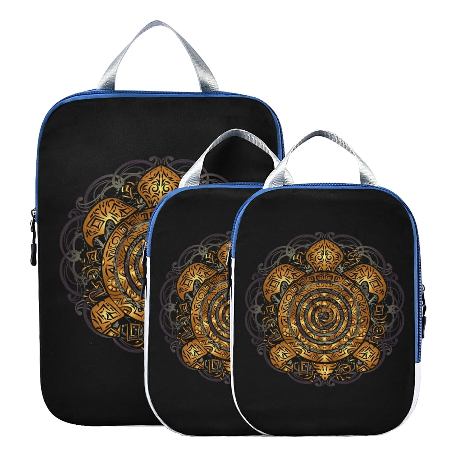 Polynesian Golden Tribal Sea Turtle Tattoo on Black Toned Maori 3 Piece set Cubes Expandable Adjustable Luggage Packing Bags, Ultralight Organizer Accessories Travel Suitcase Compressible Bags