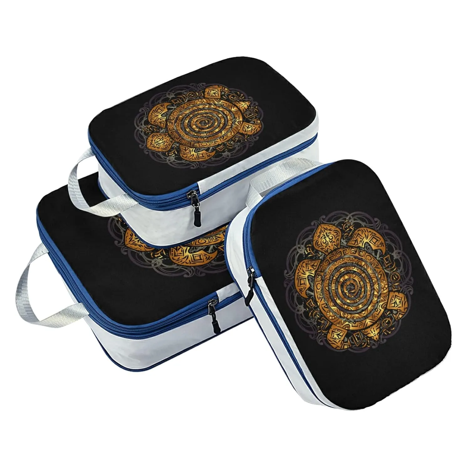 Polynesian Golden Tribal Sea Turtle Tattoo on Black Toned Maori 3 Piece set Cubes Expandable Adjustable Luggage Packing Bags, Ultralight Organizer Accessories Travel Suitcase Compressible Bags