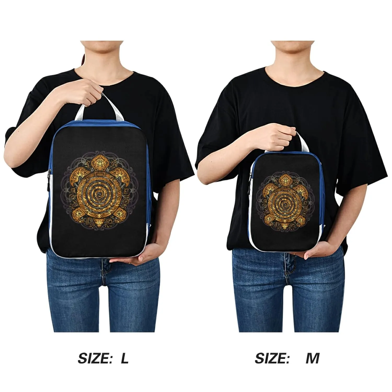 Polynesian Golden Tribal Sea Turtle Tattoo on Black Toned Maori 3 Piece set Cubes Expandable Adjustable Luggage Packing Bags, Ultralight Organizer Accessories Travel Suitcase Compressible Bags