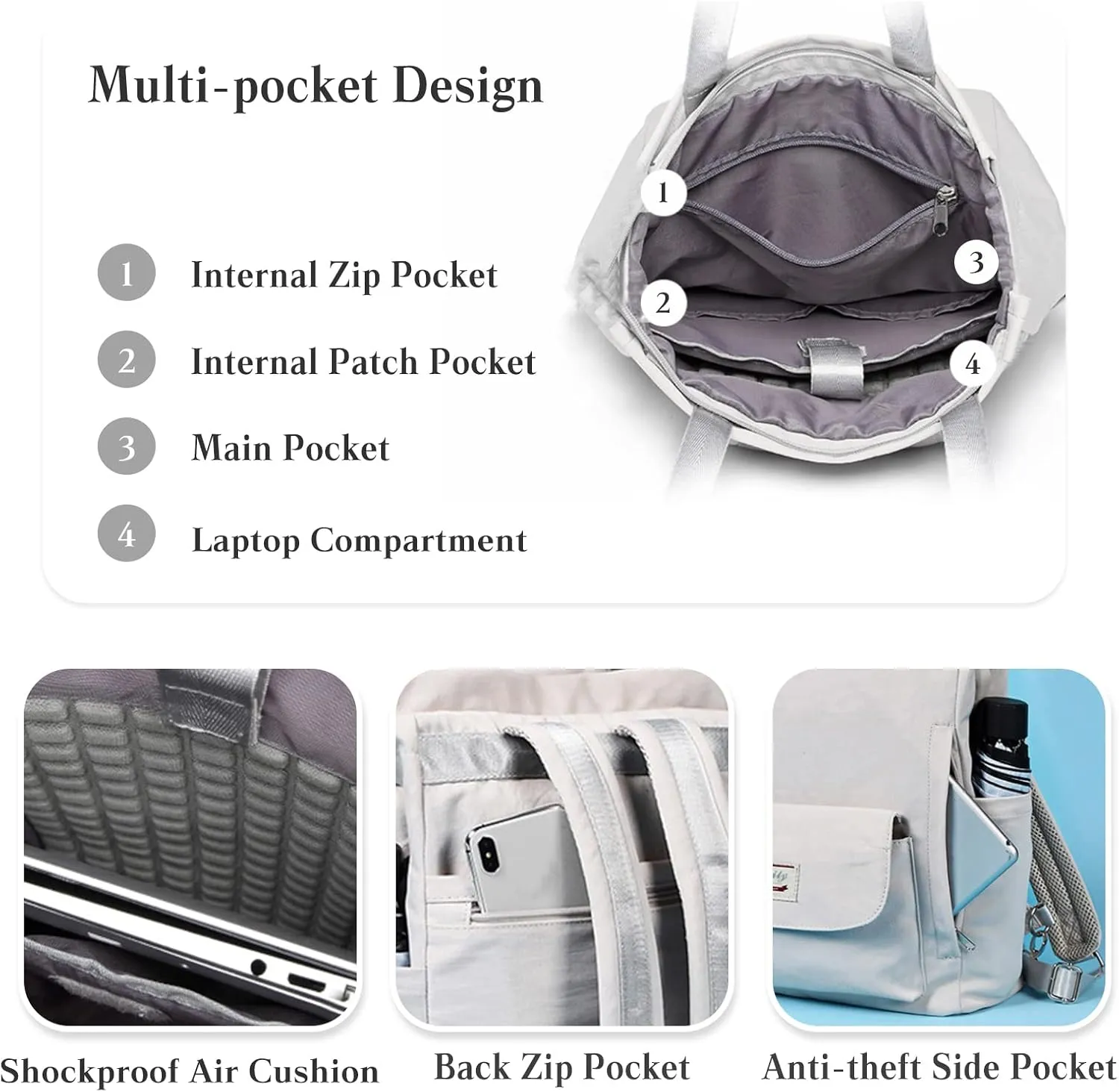 PORRASSO Women Laptop Backpack Casual Shoulder Bag with USB Charging Port Luggage Strap for 15,6 Inch Laptop Daypack Work Travel Rucksack Grey