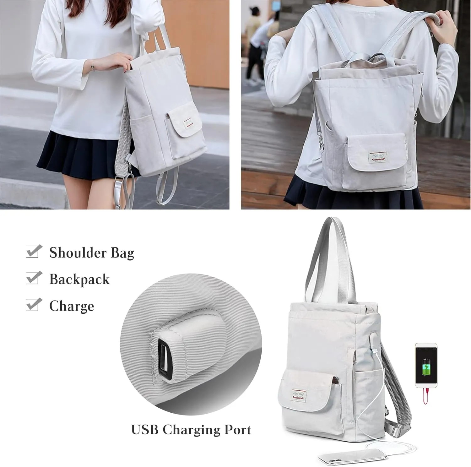 PORRASSO Women Laptop Backpack Casual Shoulder Bag with USB Charging Port Luggage Strap for 15,6 Inch Laptop Daypack Work Travel Rucksack Grey