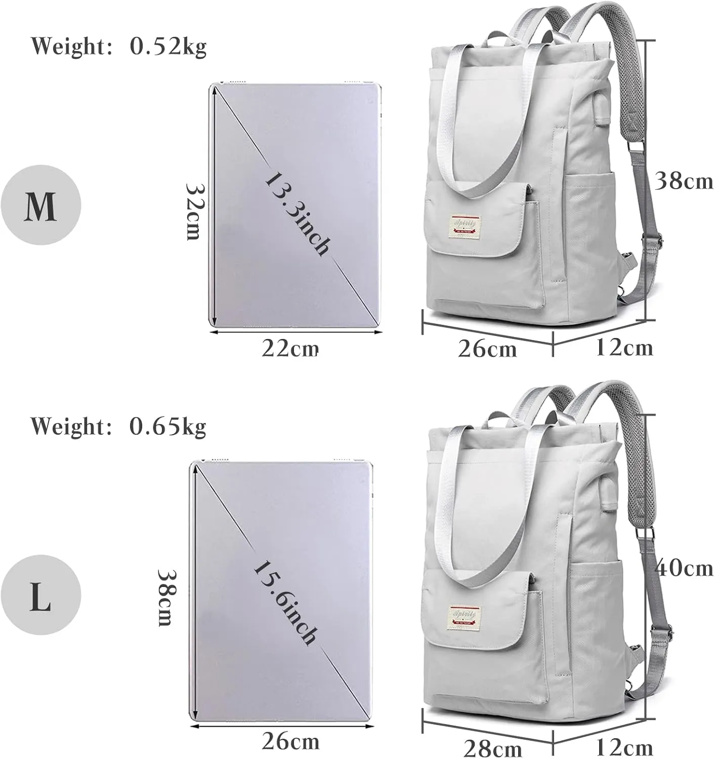 PORRASSO Women Laptop Backpack Casual Shoulder Bag with USB Charging Port Luggage Strap for 15,6 Inch Laptop Daypack Work Travel Rucksack Grey