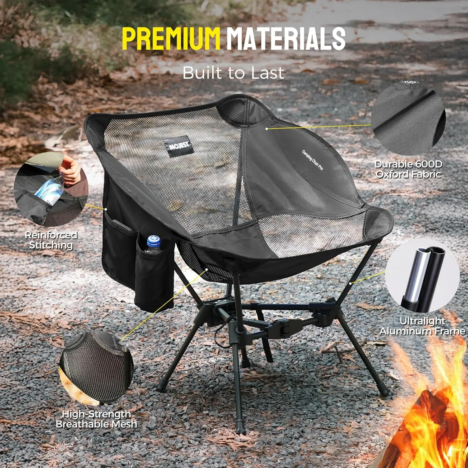 Portable Camping Chair – Compact Lightweight Folding Chair for Adults, Supports 330 lbs – Ideal for Backpacking Hiking, Fishing, Beach, Picnic & Lawn (Black)