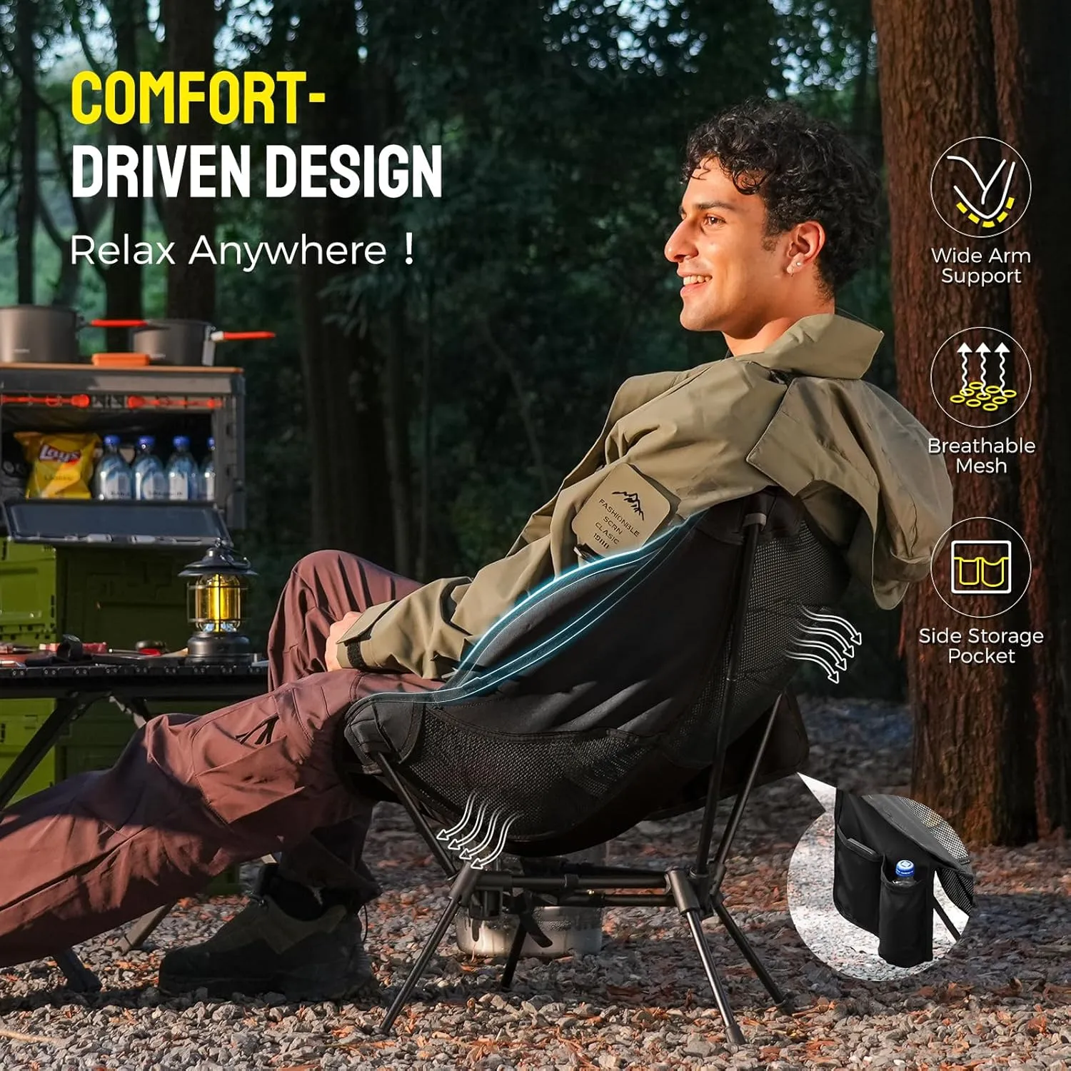 Portable Camping Chair – Compact Lightweight Folding Chair for Adults, Supports 330 lbs – Ideal for Backpacking Hiking, Fishing, Beach, Picnic & Lawn (Black)
