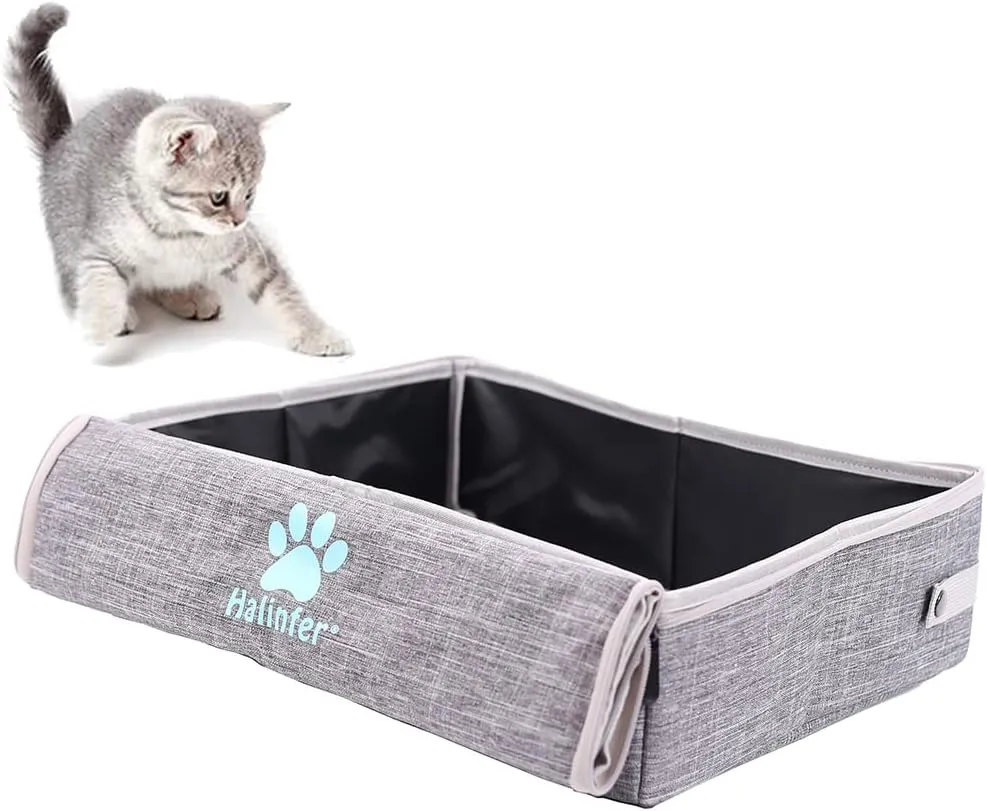 Portable Cat Travel Litter Box with Lid, Collapsible Waterproof and Easy to Clean (Feather Grey, Litter Box)