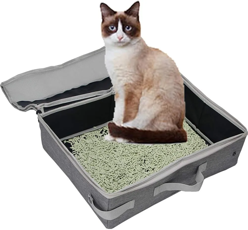 Portable Cat Travel Litter Box with Lid, Collapsible Waterproof and Easy to Clean (Feather Grey, Litter Box)