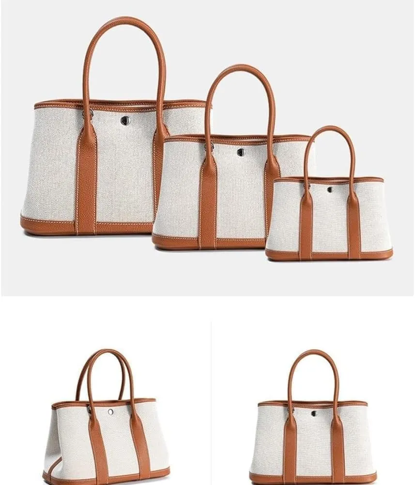 Portable Cowhide tote for women,Women's Bag Garden,Canvas With Top Layer Cowhide Countercolor Shoulder Tote Bag