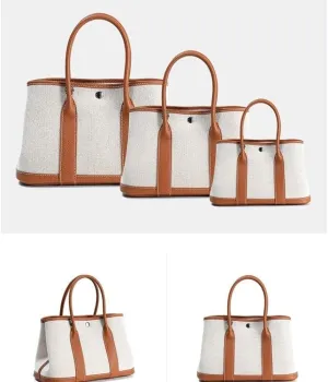 Portable Cowhide tote for women,Women's Bag Garden,Canvas With Top Layer Cowhide Countercolor Shoulder Tote Bag