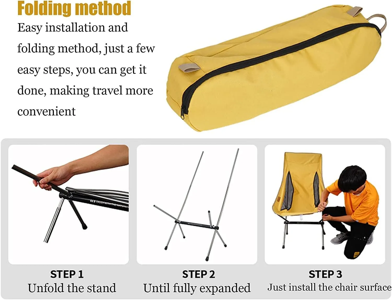 Portable Folding Chair Lightweight Folding High Back Camping Chair Portable Compact Seat Stool for Outdoor Camp Travel Picnic Hiking Adjustable Folding Chair(Yellow)