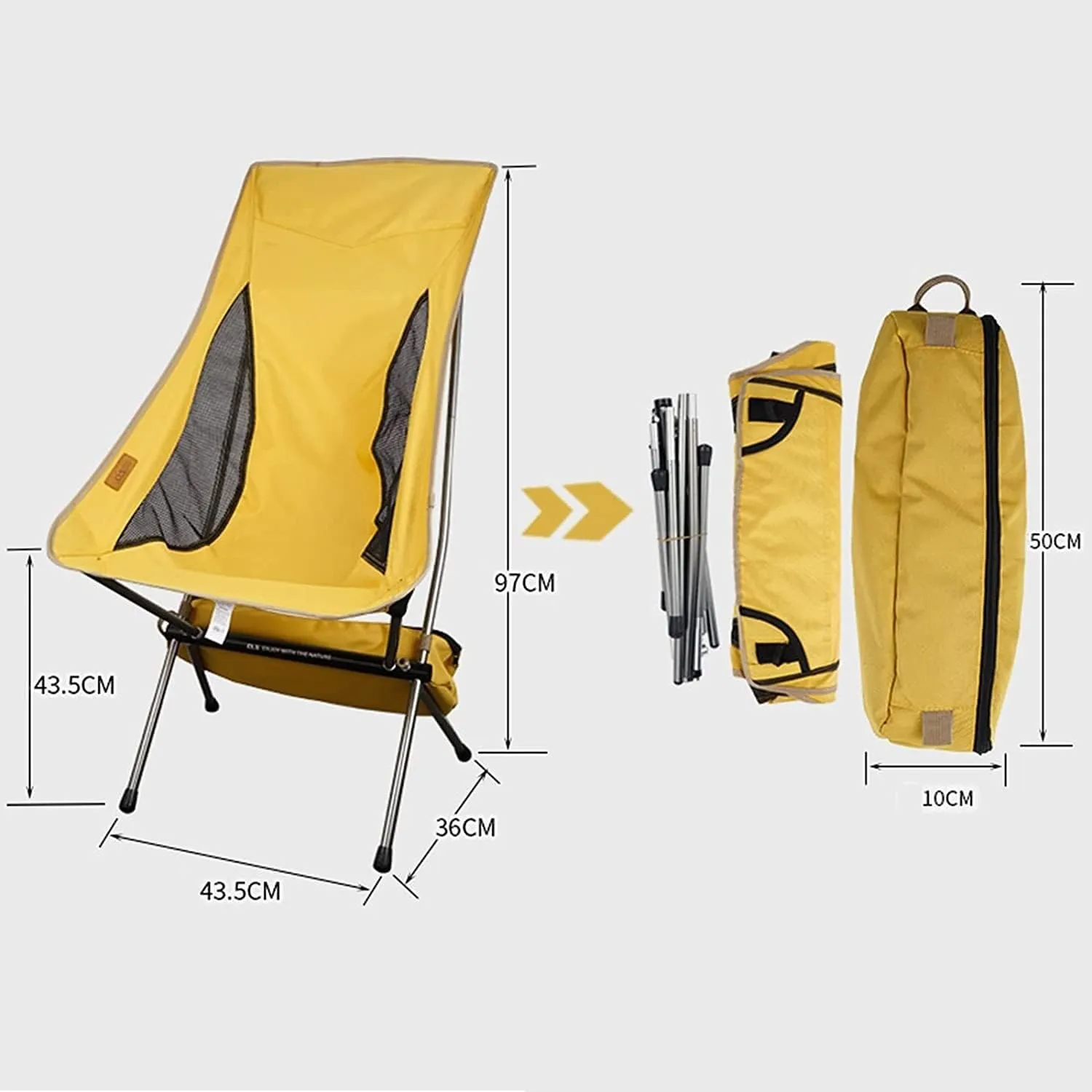 Portable Folding Chair Lightweight Folding High Back Camping Chair Portable Compact Seat Stool for Outdoor Camp Travel Picnic Hiking Adjustable Folding Chair(Yellow)
