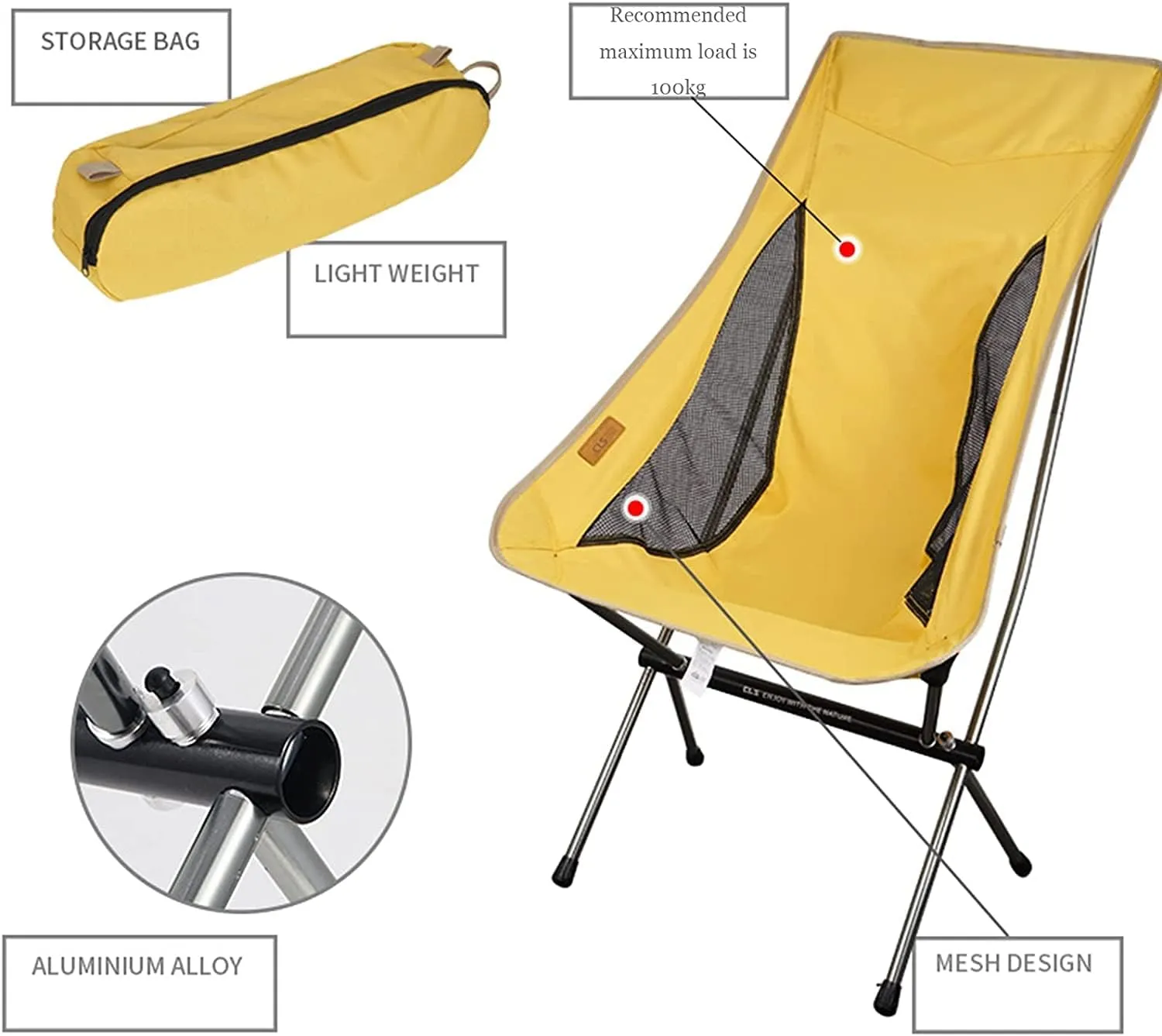 Portable Folding Chair Lightweight Folding High Back Camping Chair Portable Compact Seat Stool for Outdoor Camp Travel Picnic Hiking Adjustable Folding Chair(Yellow)