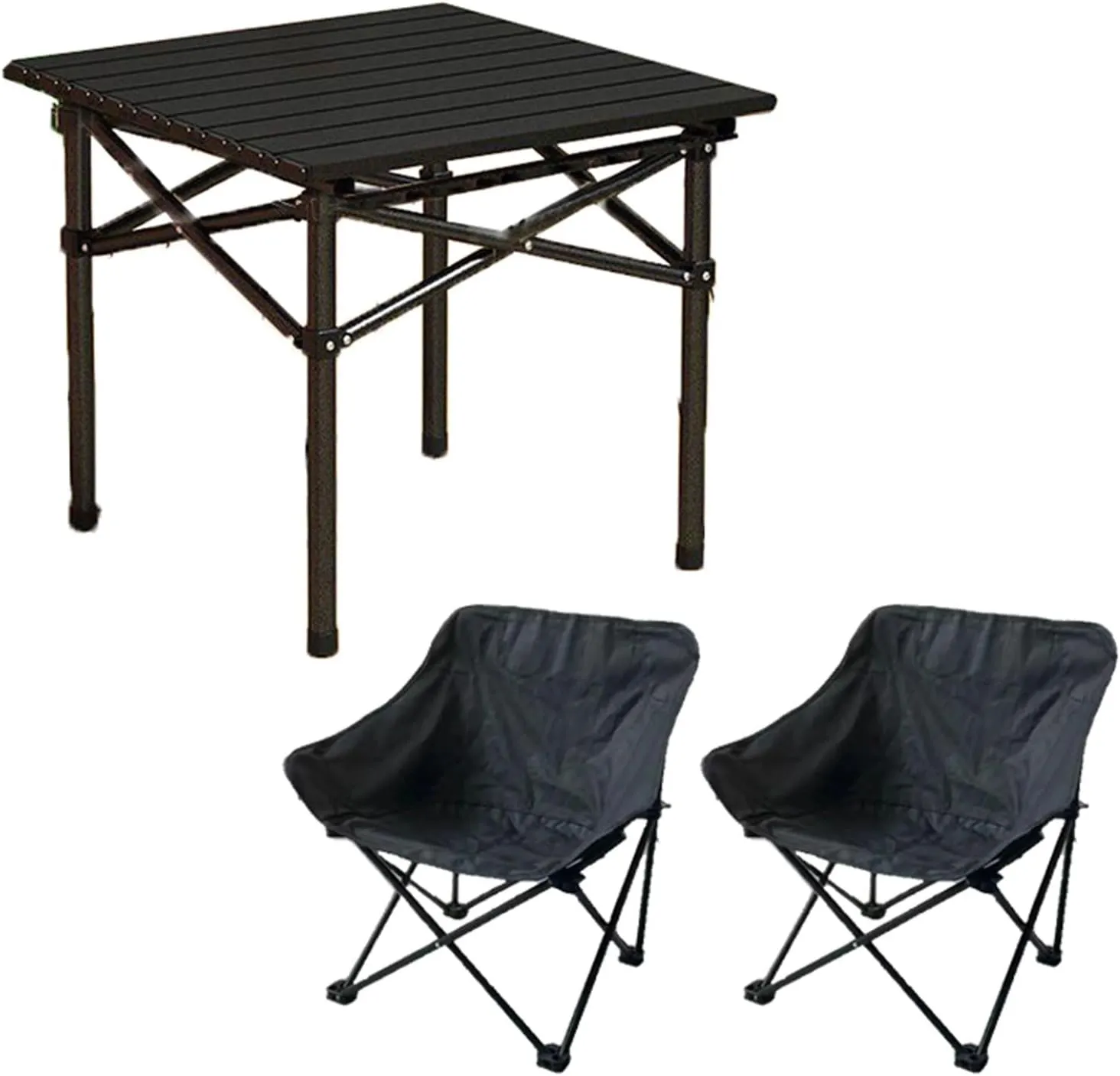 Portable Picnic Table with Seats for More People, Folding Roll up Carbon Steel Camping Compact Table Collapsible Lightweight Lawn Chair for Garden Patio, 3pcs - Black - 53cm