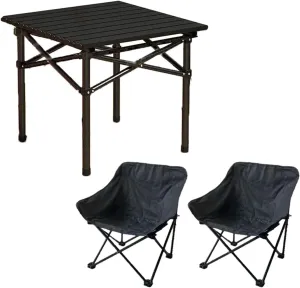 Portable Picnic Table with Seats for More People, Folding Roll up Carbon Steel Camping Compact Table Collapsible Lightweight Lawn Chair for Garden Patio, 3pcs - Black - 53cm