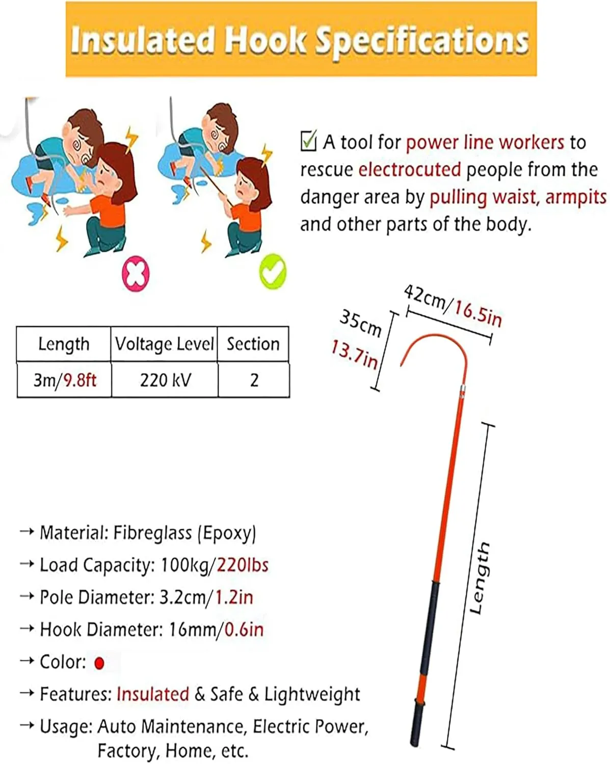 Portable Rescue Hook High Voltage Life Hook Electrical Rescue Hook Electric Shock Emergency Rescue Hook
