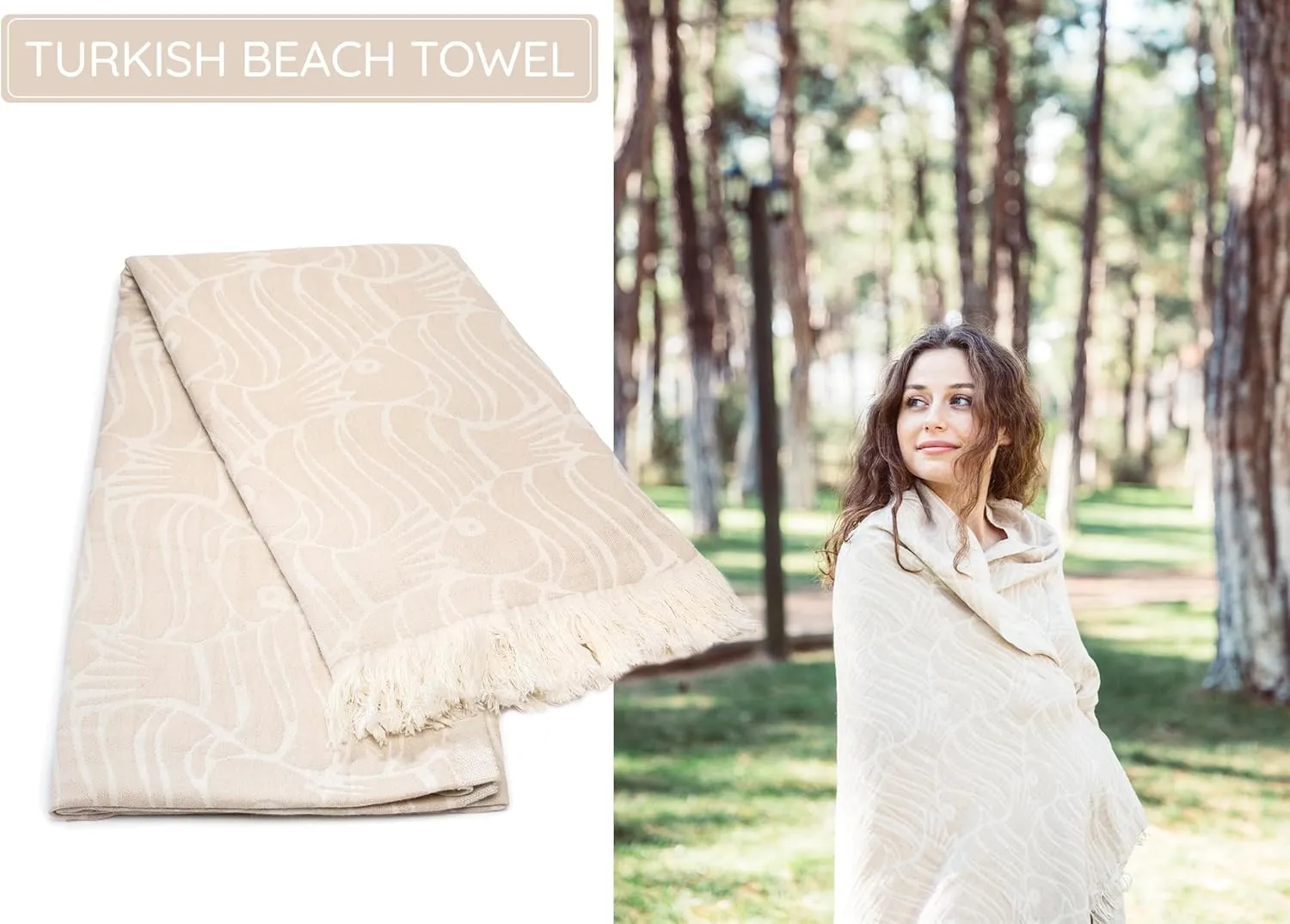 Premium Turkish Beach Towel (35”x67”) Suitable for Adults and Kids 100% Natural Cotton Quick Dry and Sand Free Turkish Towel Beach Blanket– Beige Fish Color