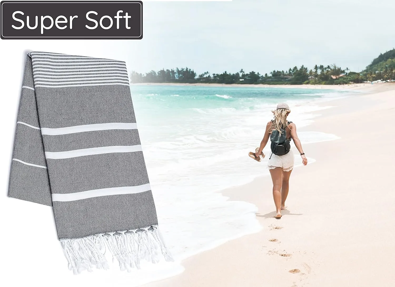 Premium Turkish Beach Towel (35”x67”) Suitable for Adults and Kids 100% Natural Cotton Quick Dry and Sand Free Turkish Towel Beach Blanket– Black Color