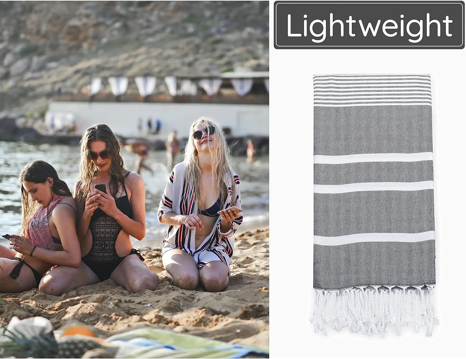 Premium Turkish Beach Towel (35”x67”) Suitable for Adults and Kids 100% Natural Cotton Quick Dry and Sand Free Turkish Towel Beach Blanket– Black Color