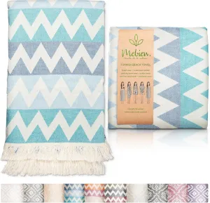 Premium Turkish Beach Towel (35”x67”) Suitable for Adults and Kids 100% Natural Cotton Quick Dry and Sand Free Turkish Towel Beach Blanket– Zig Zag Blue Color