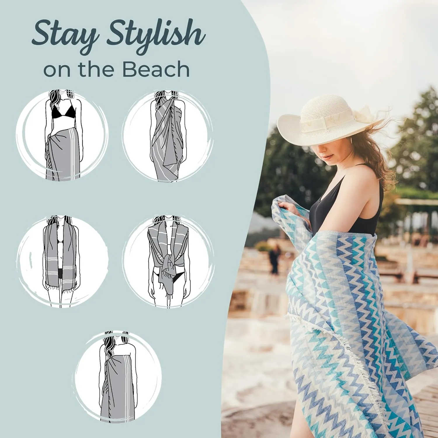 Premium Turkish Beach Towel (35”x67”) Suitable for Adults and Kids 100% Natural Cotton Quick Dry and Sand Free Turkish Towel Beach Blanket– Zig Zag Blue Color