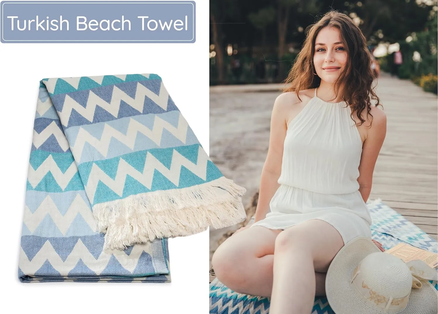 Premium Turkish Beach Towel (35”x67”) Suitable for Adults and Kids 100% Natural Cotton Quick Dry and Sand Free Turkish Towel Beach Blanket– Zig Zag Blue Color