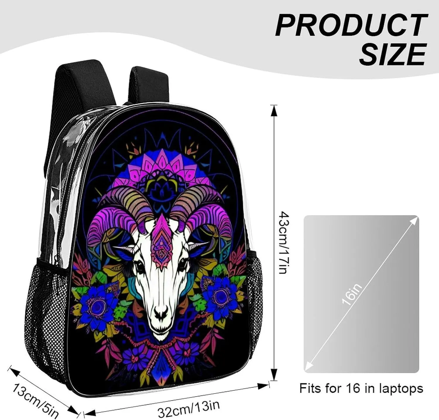 Psychedelic Goat Skull Art Daypack Transparent Anti-Theft Multipurpose Bookbag Big Capacity Gym Outdoor Hiking Backpack With Adjustable Shoulder Straps