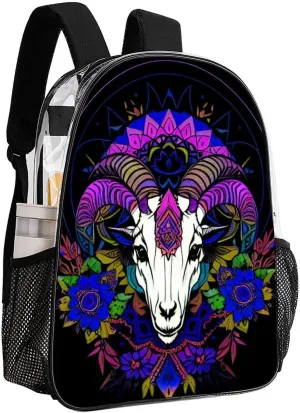 Psychedelic Goat Skull Art Daypack Transparent Anti-Theft Multipurpose Bookbag Big Capacity Gym Outdoor Hiking Backpack With Adjustable Shoulder Straps