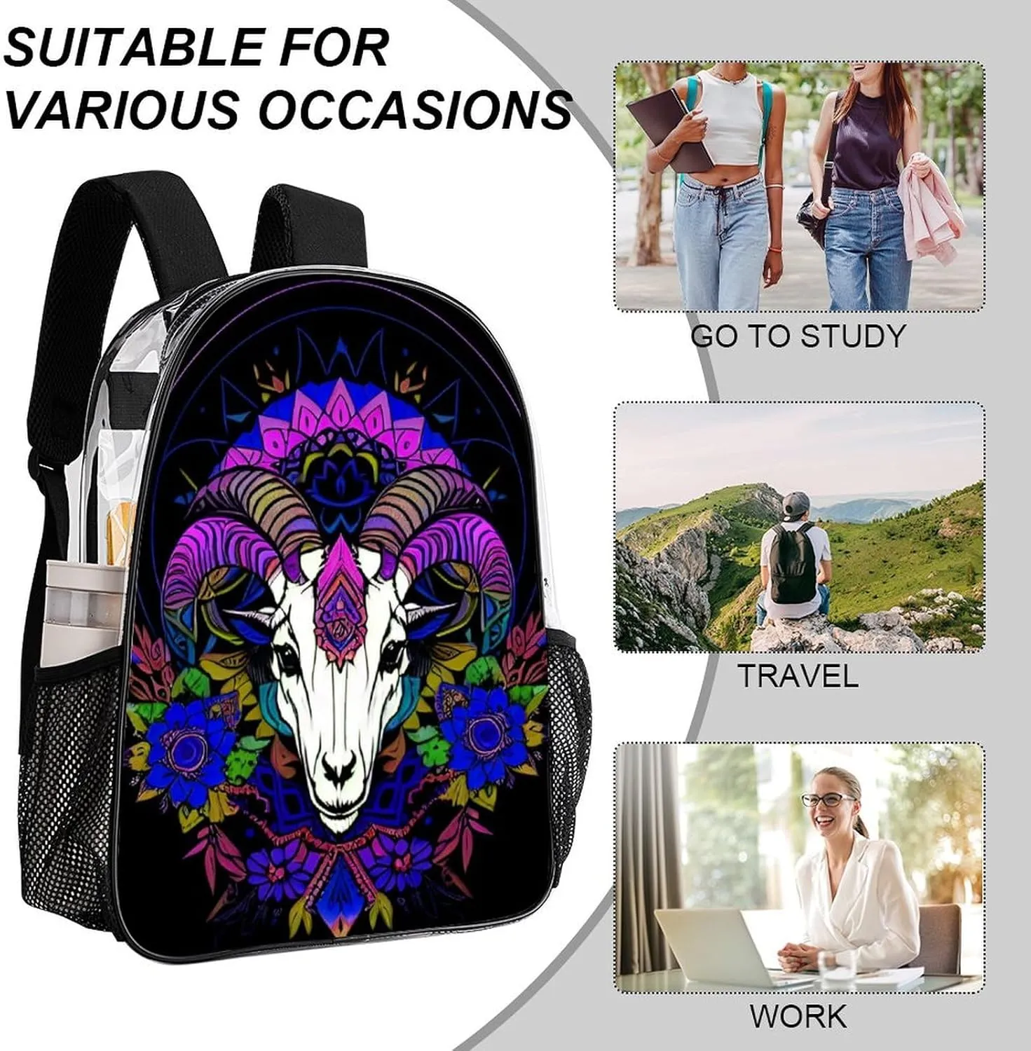 Psychedelic Goat Skull Art Daypack Transparent Anti-Theft Multipurpose Bookbag Big Capacity Gym Outdoor Hiking Backpack With Adjustable Shoulder Straps