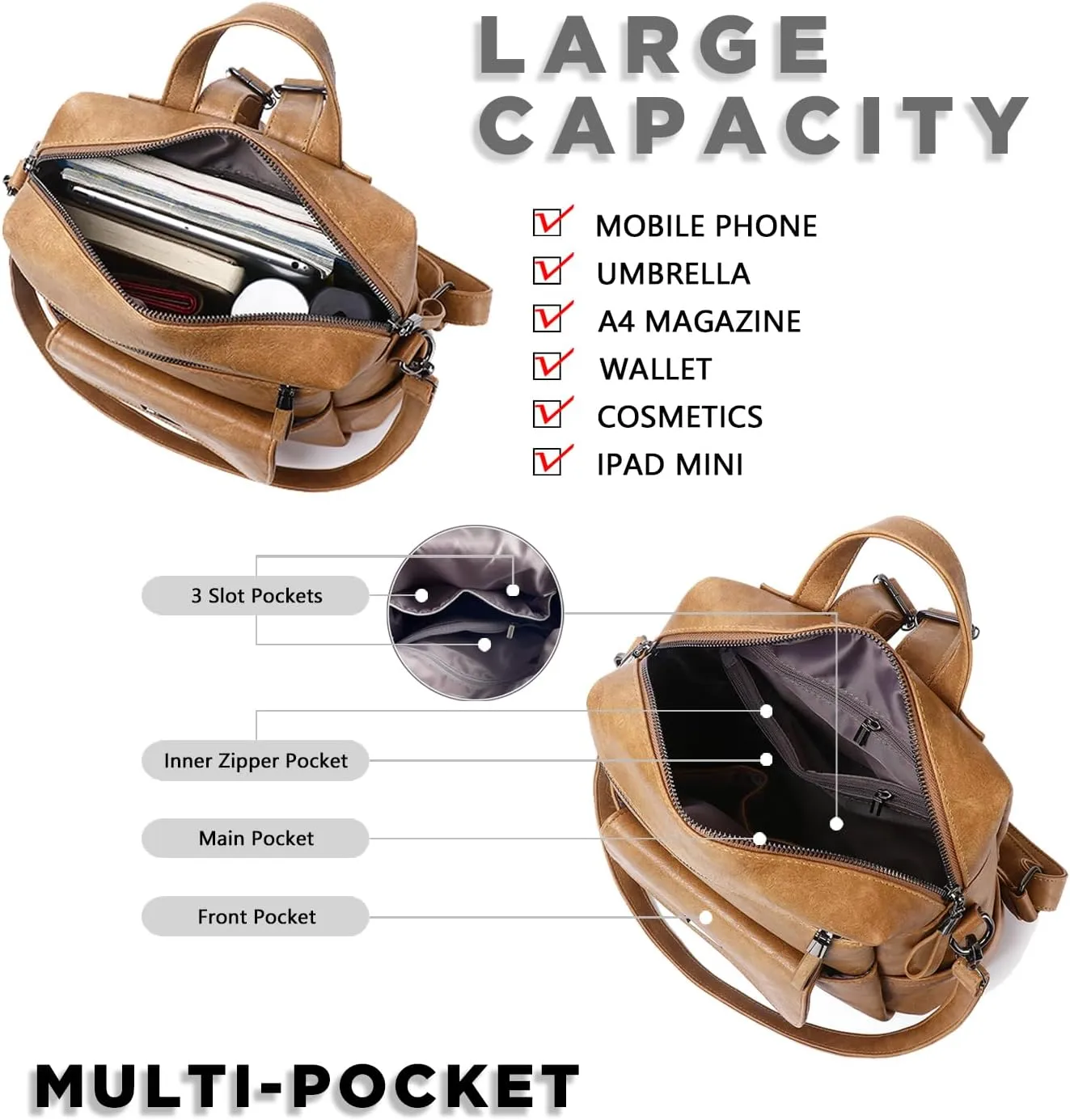 PU Leather Backpack Purse for Women Fashion Multipurpose Design Handbag Ladies Shoulder Bags Travel Backpack Camel