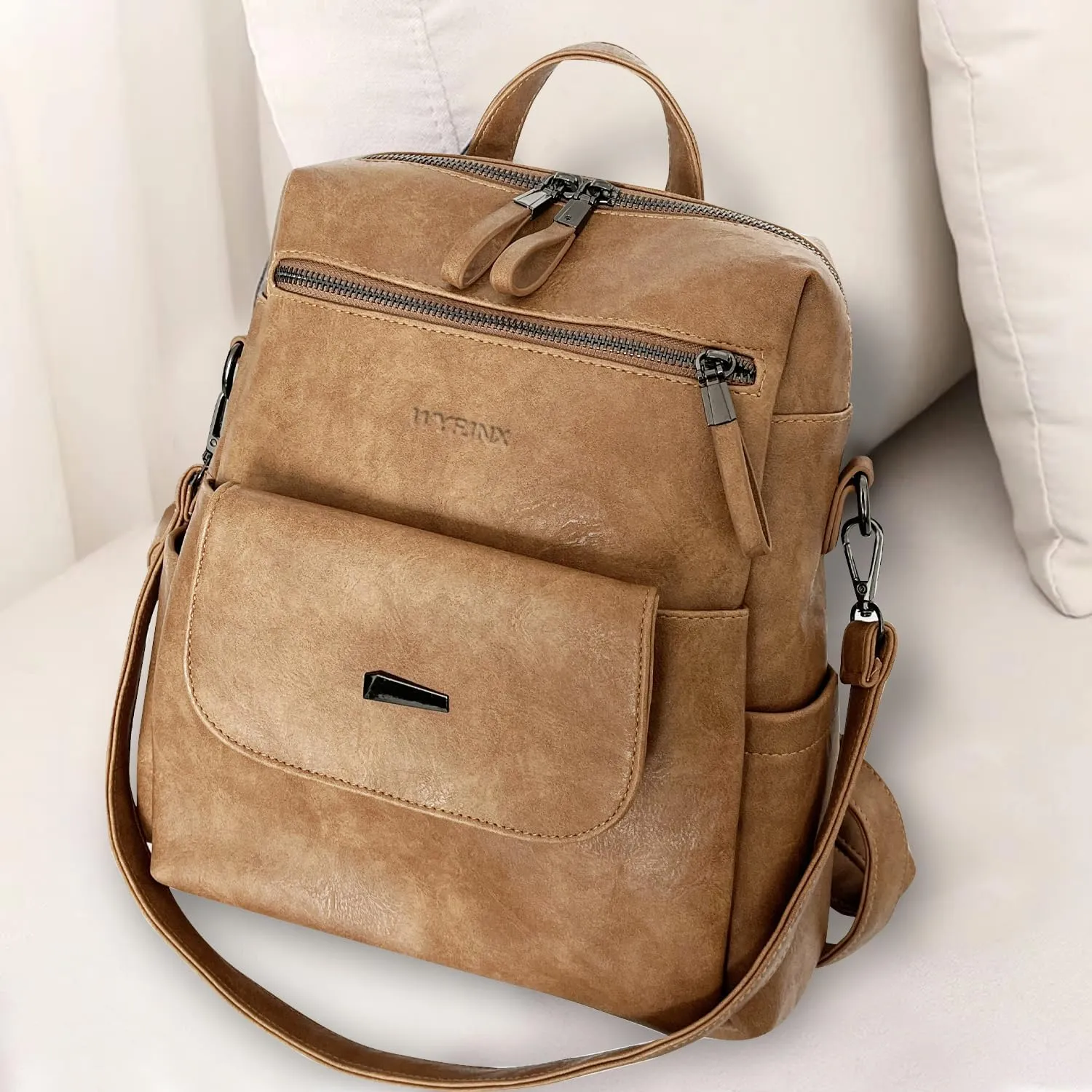 PU Leather Backpack Purse for Women Fashion Multipurpose Design Handbag Ladies Shoulder Bags Travel Backpack Camel