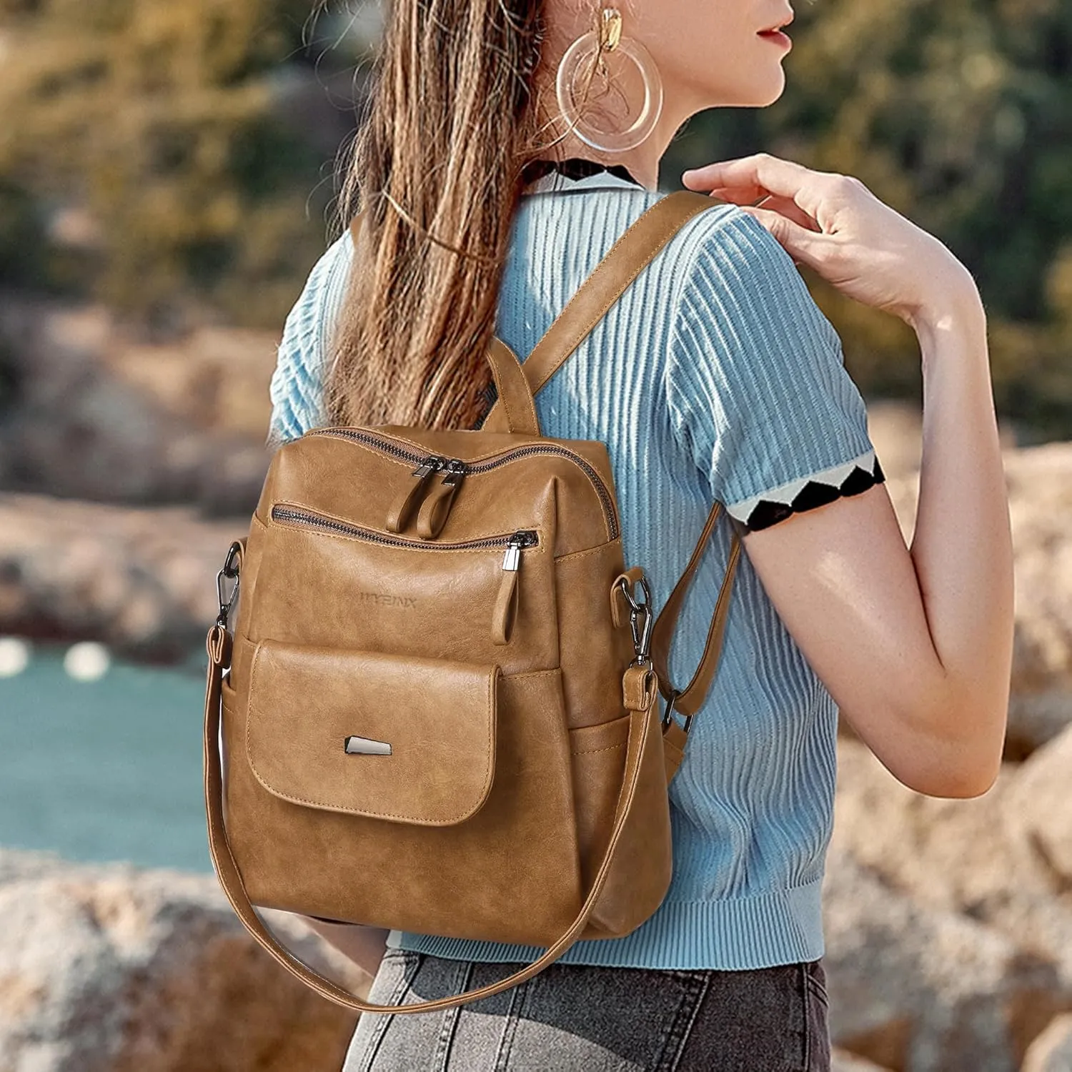 PU Leather Backpack Purse for Women Fashion Multipurpose Design Handbag Ladies Shoulder Bags Travel Backpack Camel