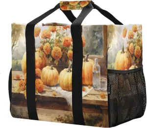 Pumpkin Autumn Fall Flowers Foldable Travel Duffel Bag for Men Women Waterproof Weekender Overnight Carry On Tote Bag with Comfortable Handle Personal Item Travel Bag for Sport Business Trips