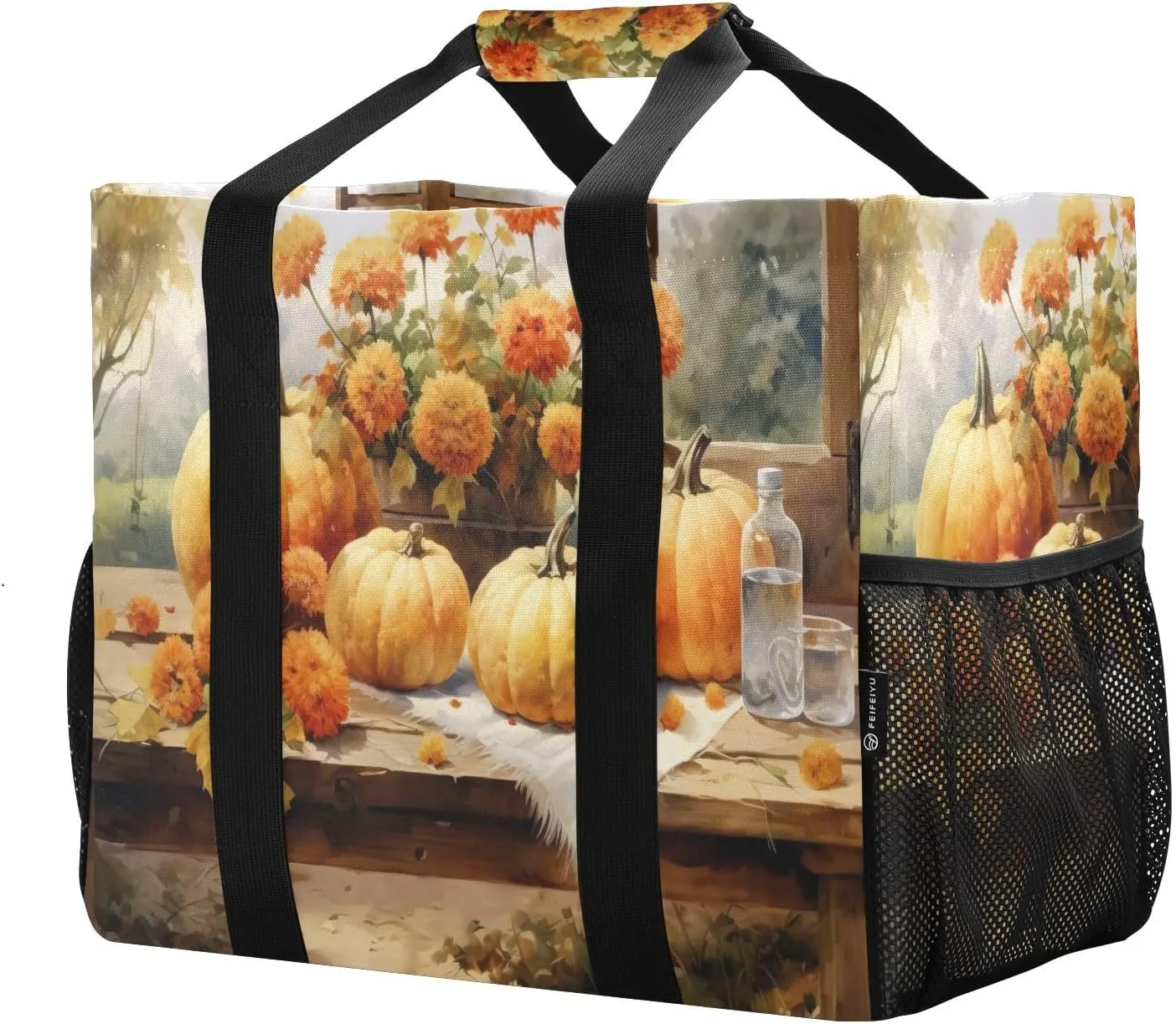 Pumpkin Autumn Fall Flowers Foldable Travel Duffel Bag for Men Women Waterproof Weekender Overnight Carry On Tote Bag with Comfortable Handle Personal Item Travel Bag for Sport Business Trips