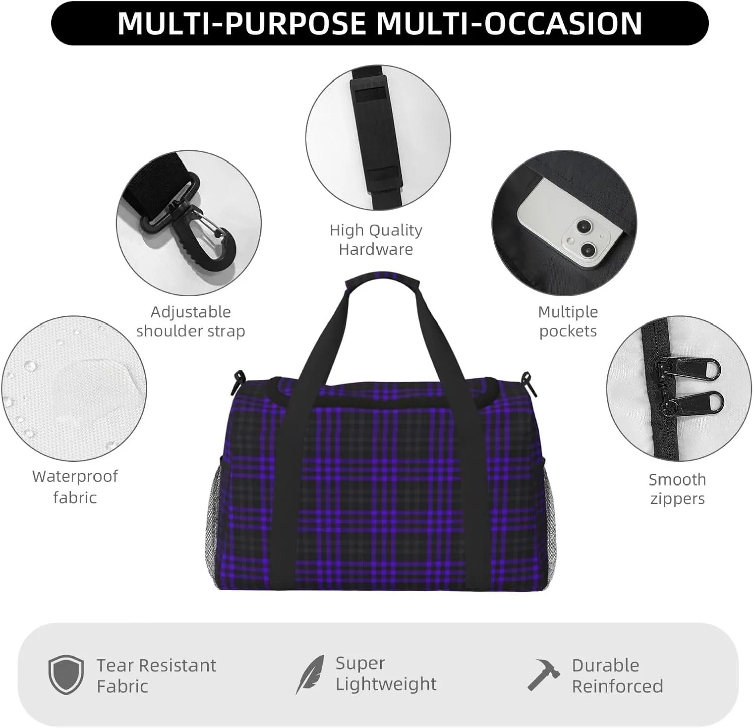 Purple Black Stripes Travel Duffel Bag Large Foldable Waterproof Overnight Bag For Beach Swim Bags Pool Sports Gym
