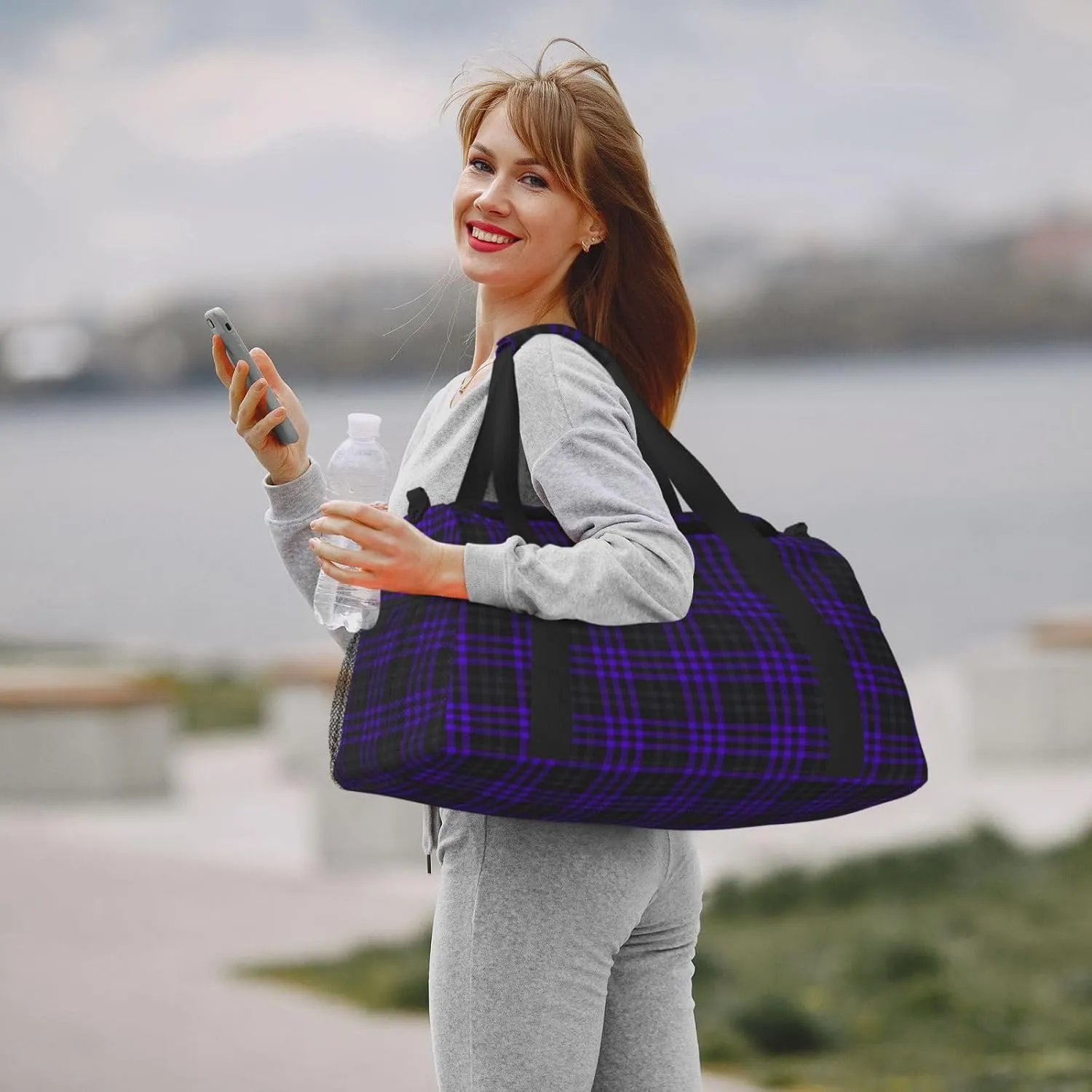 Purple Black Stripes Travel Duffel Bag Large Foldable Waterproof Overnight Bag For Beach Swim Bags Pool Sports Gym