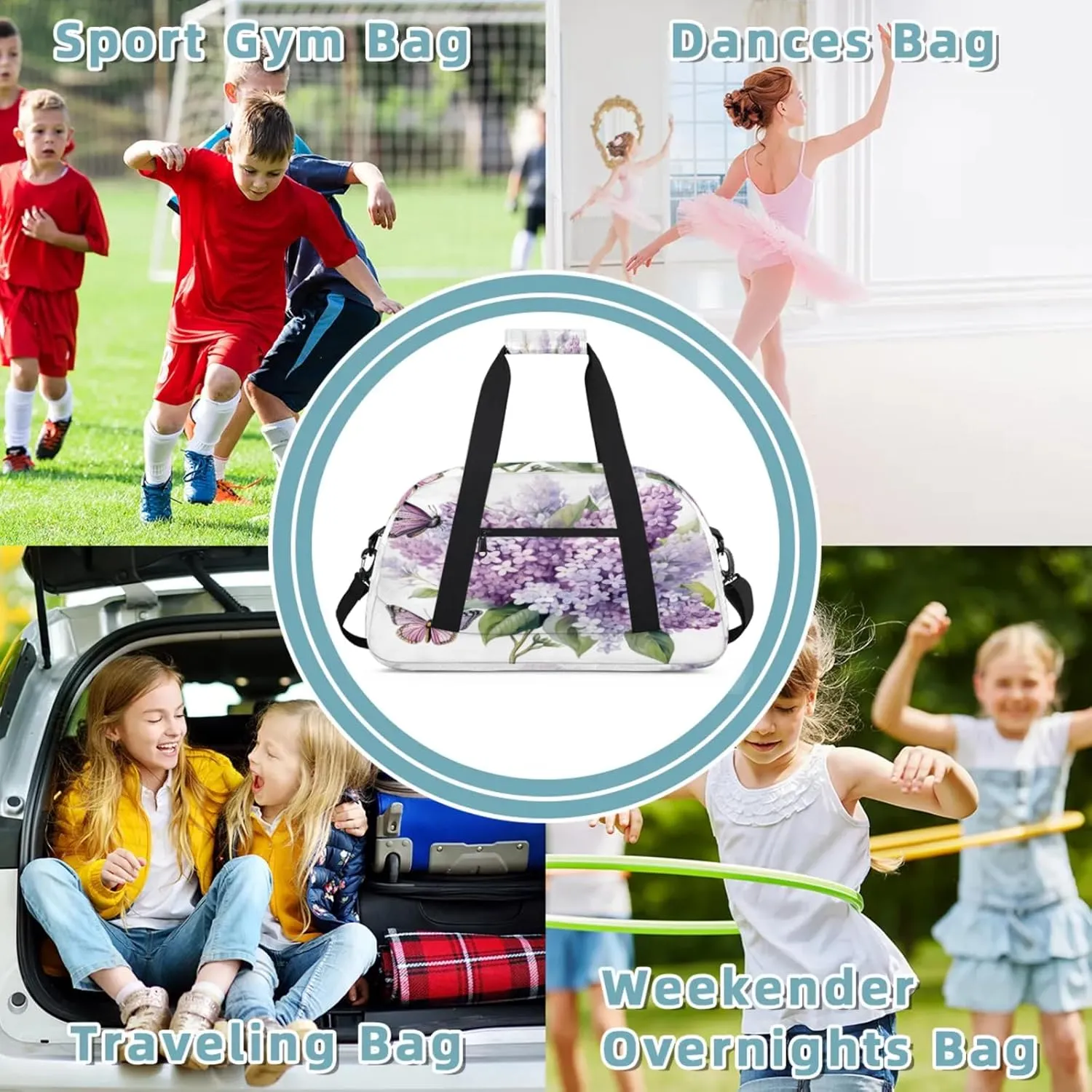 Purple Hydrangea Butterfly Small Gym Bag 18 inch Carry On Duffel Bag for Weekender Travel Sports Workout Yoga Gymnastics Dance Ballet
