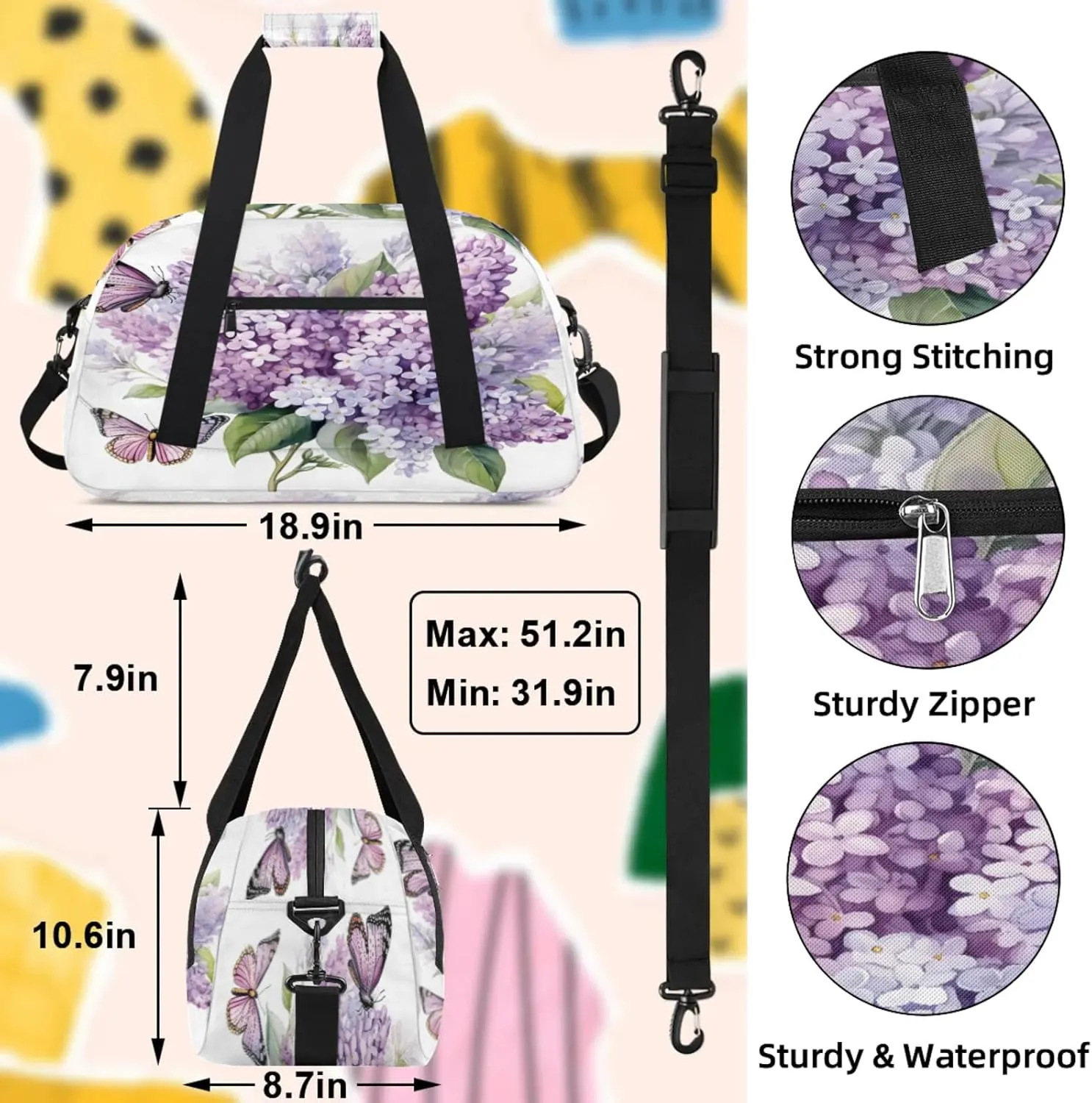 Purple Hydrangea Butterfly Small Gym Bag 18 inch Carry On Duffel Bag for Weekender Travel Sports Workout Yoga Gymnastics Dance Ballet