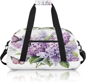 Purple Hydrangea Butterfly Small Gym Bag 18 inch Carry On Duffel Bag for Weekender Travel Sports Workout Yoga Gymnastics Dance Ballet