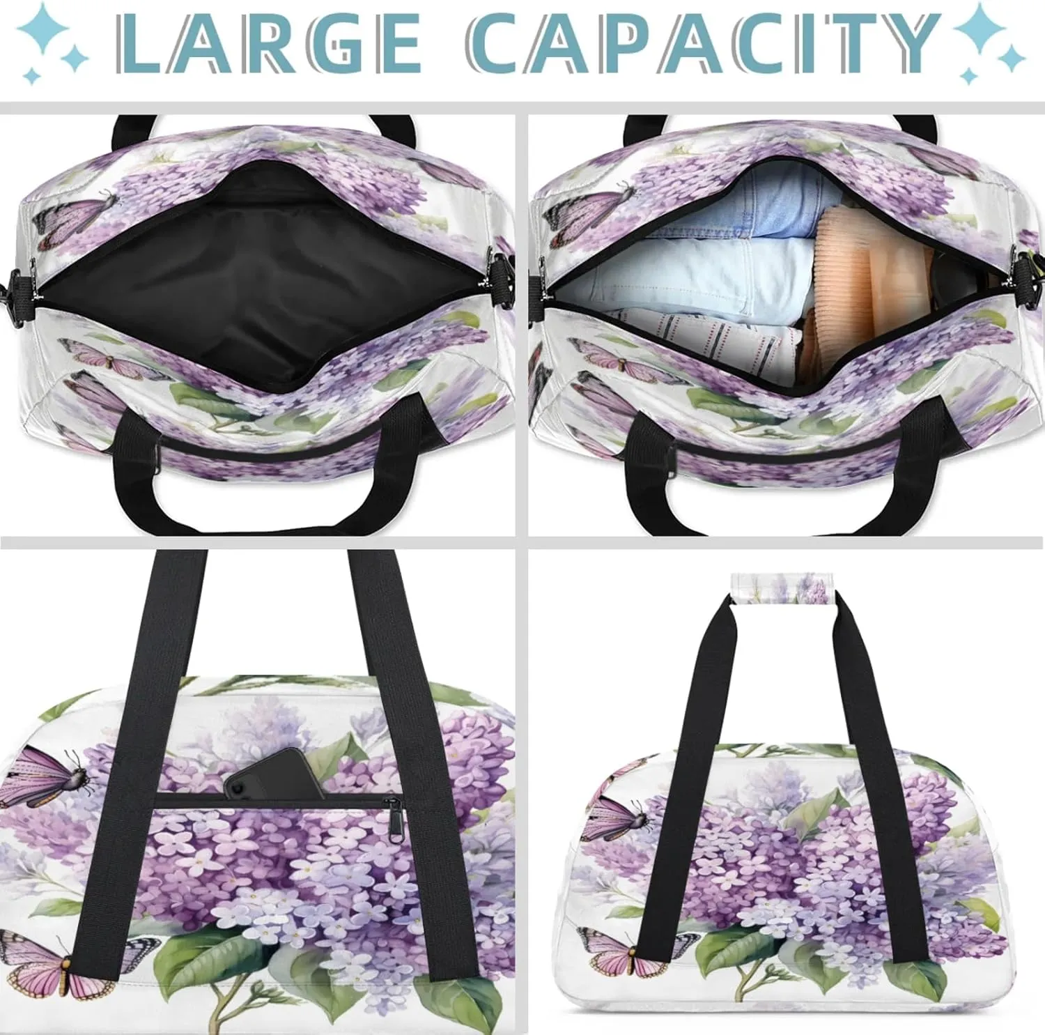 Purple Hydrangea Butterfly Small Gym Bag 18 inch Carry On Duffel Bag for Weekender Travel Sports Workout Yoga Gymnastics Dance Ballet