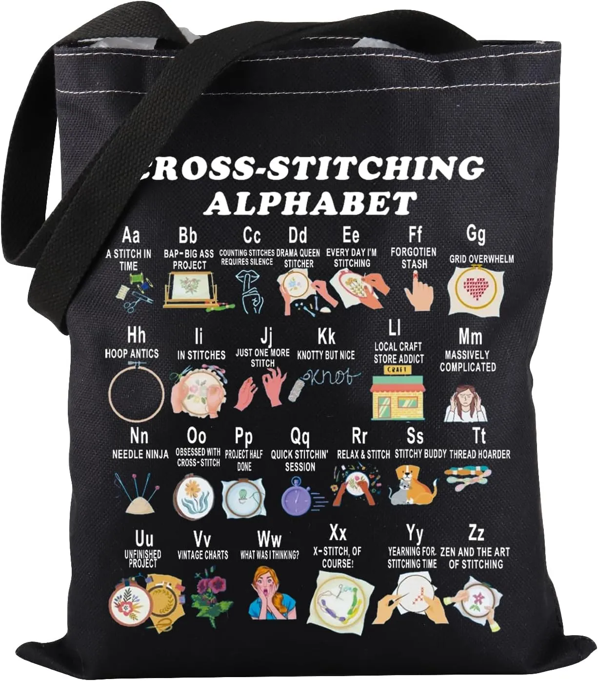 PWHAOO Funny Cross Stitch Tote - Crocheting Alphabet Cross Stitch Lover Gift Bag