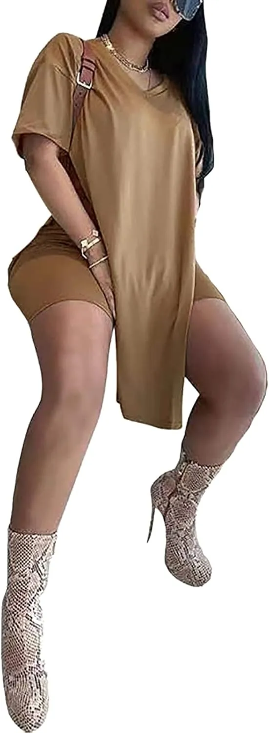 qfmqkpi Women’s Casual 2 Piece Outfits V Neck Side Split Tops and Shorts Set Tracksuit