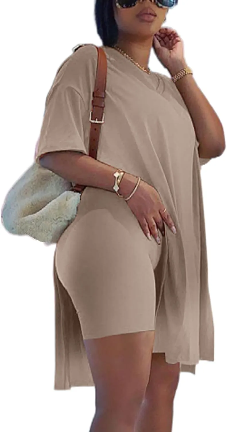 qfmqkpi Women’s Casual 2 Piece Outfits V Neck Side Split Tops and Shorts Set Tracksuit