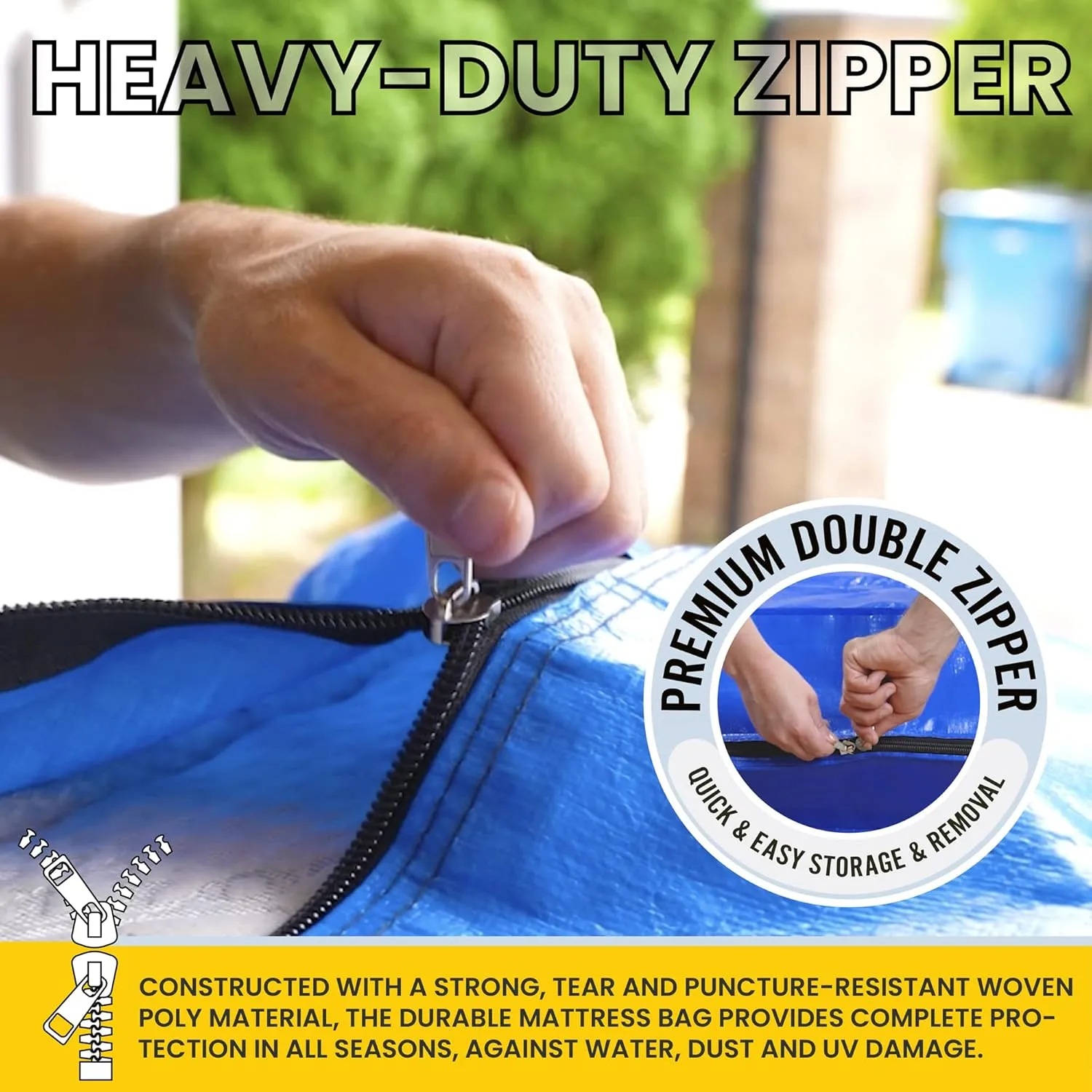 (Queen) 10 Mil Thick - Moving and Storage Mattress Bag w Zipper and 8 Carrying Handles - Waterproof - UV Resistant - Heavy Duty - Long Lasting (Blue, Queen)