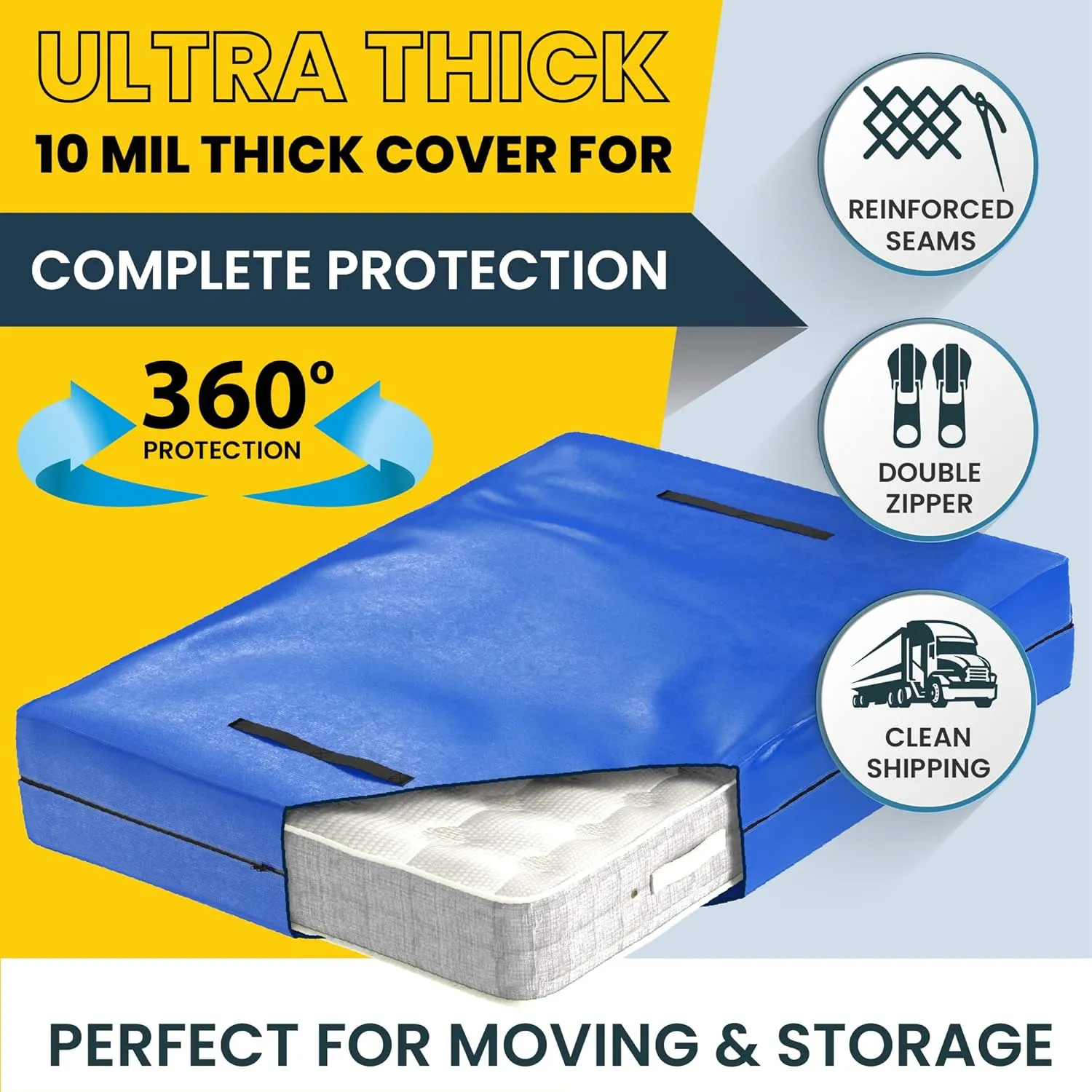 (Queen) 10 Mil Thick - Moving and Storage Mattress Bag w Zipper and 8 Carrying Handles - Waterproof - UV Resistant - Heavy Duty - Long Lasting (Blue, Queen)