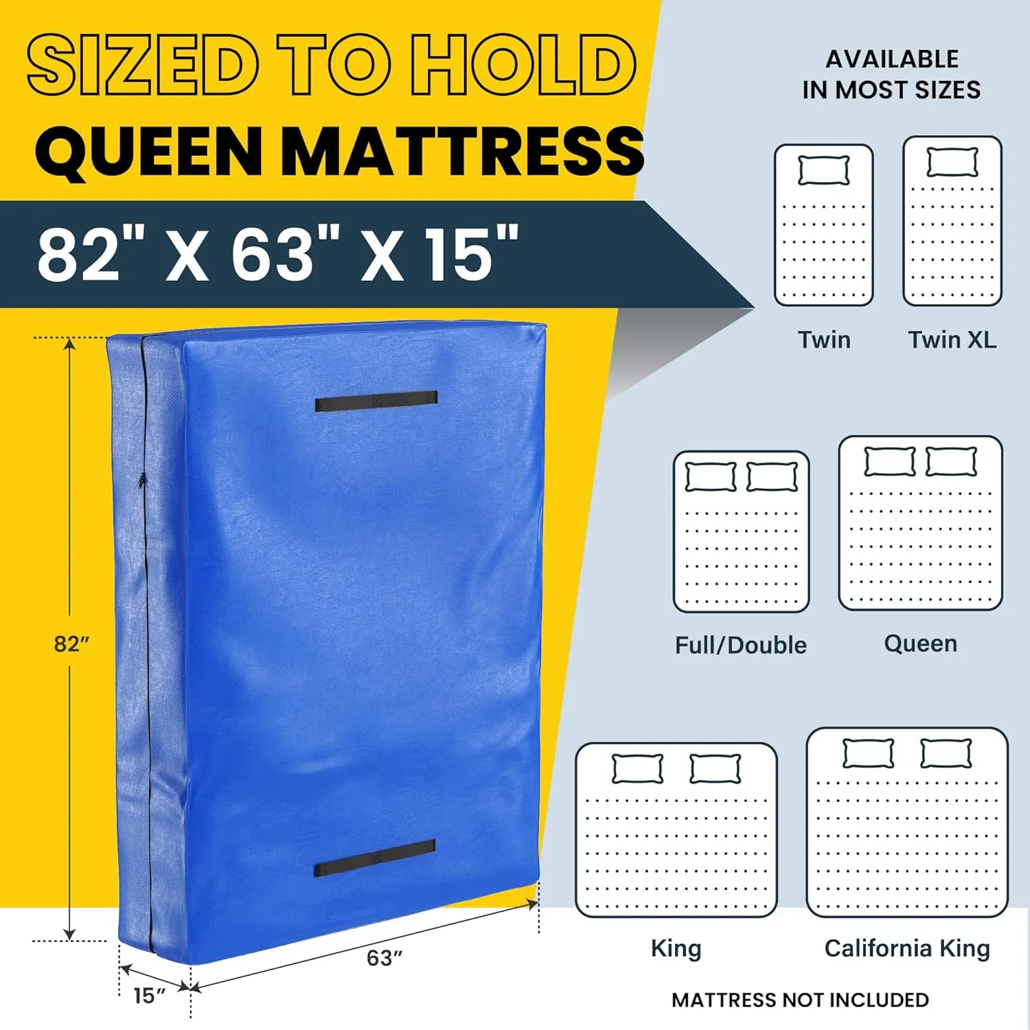 (Queen) 10 Mil Thick - Moving and Storage Mattress Bag w Zipper and 8 Carrying Handles - Waterproof - UV Resistant - Heavy Duty - Long Lasting (Blue, Queen)