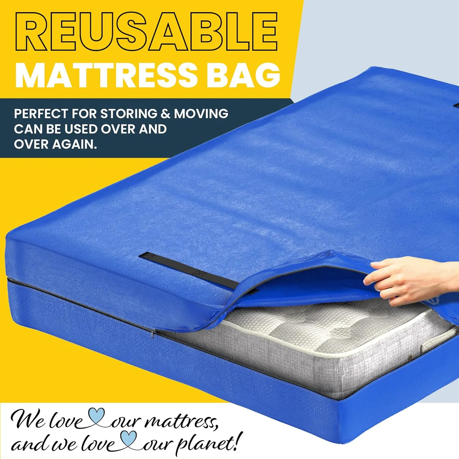 (Queen) 10 Mil Thick - Moving and Storage Mattress Bag w Zipper and 8 Carrying Handles - Waterproof - UV Resistant - Heavy Duty - Long Lasting (Blue, Queen)