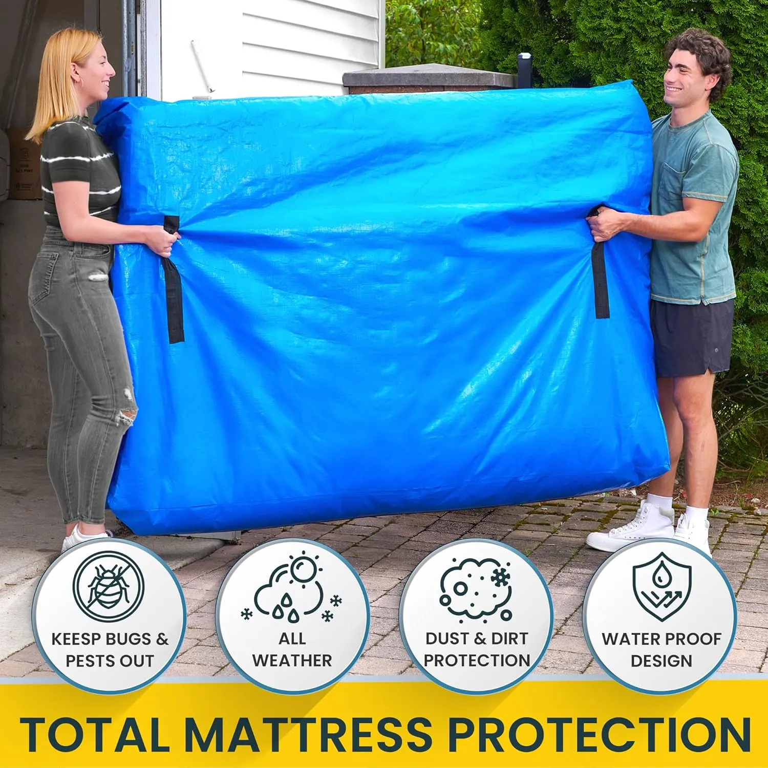 (Queen) 10 Mil Thick - Moving and Storage Mattress Bag w Zipper and 8 Carrying Handles - Waterproof - UV Resistant - Heavy Duty - Long Lasting (Blue, Queen)