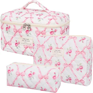 Quilted Makeup Bag,Large Cosmetics Bag Set,Cotton Coquette Floral Make up Pouch,Travel Toiletry Bag for Women